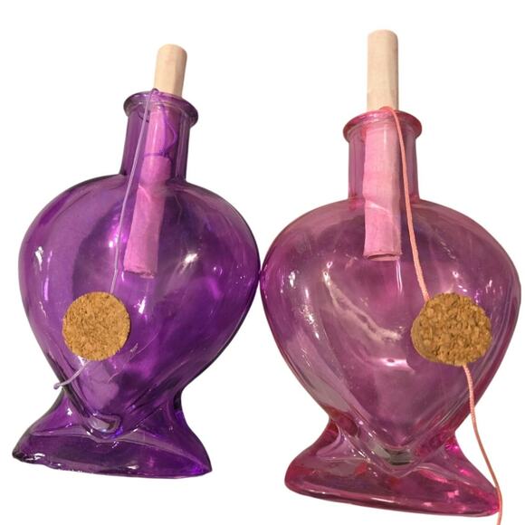 Set of 2 Glass Heart Message in A Bottle w Love notes and corks - Picture 2 of 5